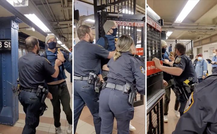 Video shows two officers forcefully removing a New York City subway rider after the man allegedly confronted the officers about not wearing masks, as required by law.