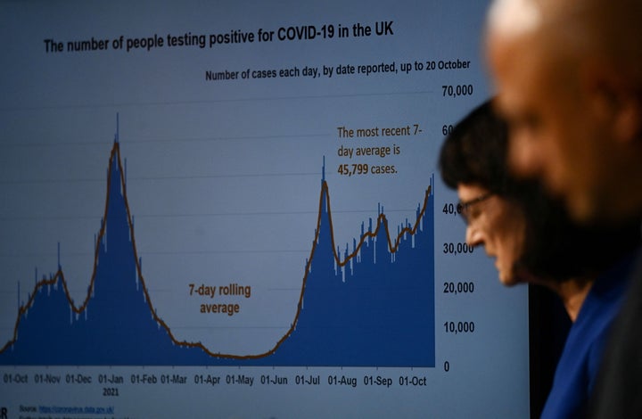 Health secretary Sajid Javid and UK Health Security Agency chief executive Jenny Harries at a press conference this week.