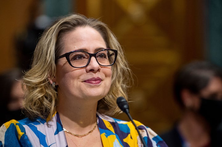 Sen. Kyrsten Sinema (D-Ariz.) speaks during the Senate Finance Committee hearing on the nomination of Chris Magnus to be the next U.S. Customs and Border Protection Commissioner, on Oct. 19.