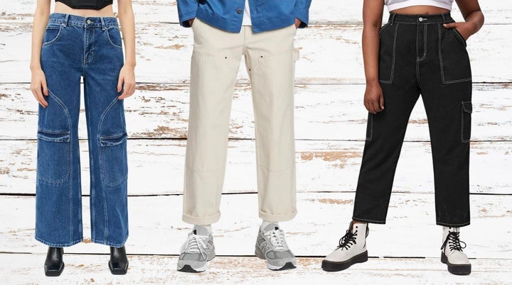 Left to right: Urban Outfitters low-rise seamed skate jean, Gap utility carpenter pants, Shein high waist flap pocket whip stitch cargo jeans 