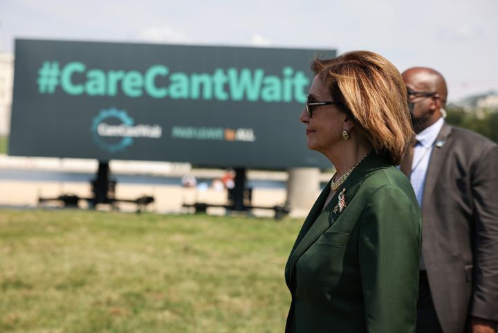 House Speaker Nancy Pelosi (D-Calif.) at a rally organized by the “Paid Leave for All” cross-country bus tour on Aug. 4, 2021, in Washington, D.C. 