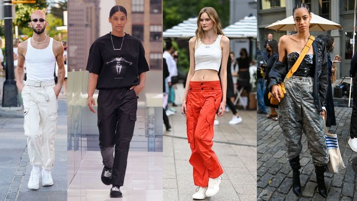 New York Fashion Week models in cargo pants during fall 2021.