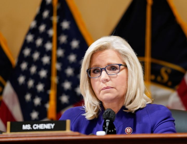 Rep. Liz Cheney (R-Wyo.) as she prepares to vote Tuesday on a report recommending the U.S. House cite Steve Bannon for criminal contempt of Congress.