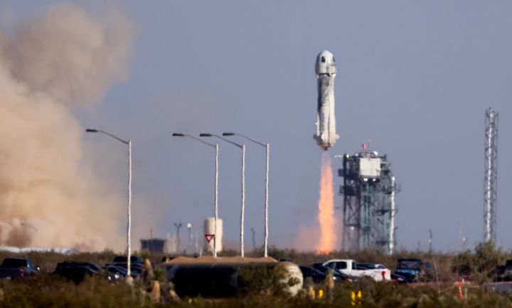 Blue Origin’s New Shepard lifts-off from the launch pad carrying 90-year-old Star Trek actor William Shatner and three other civilians.