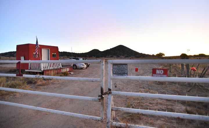 A general view shows a locked gate at the entrance to the Bonanza Creek Ranch on Oct. 22, 2021, in Santa Fe, New Mexico. 