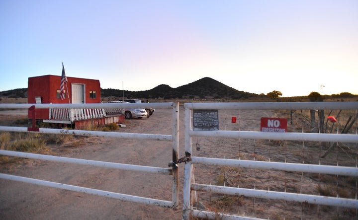 A general view shows a locked gate at the entrance to the Bonanza Creek Ranch on Oct. 22, 2021, in Santa Fe, New Mexico.