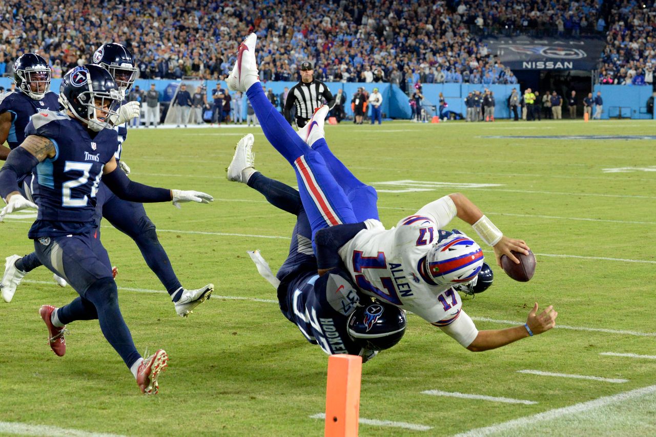 Buffalo Bills quarterback Josh Allen (17) is stopped short of the goal line by Tennessee Titans safety Amani Hooker in the second half of an NFL game in Nashville, Tennessee, on Oct. 18.