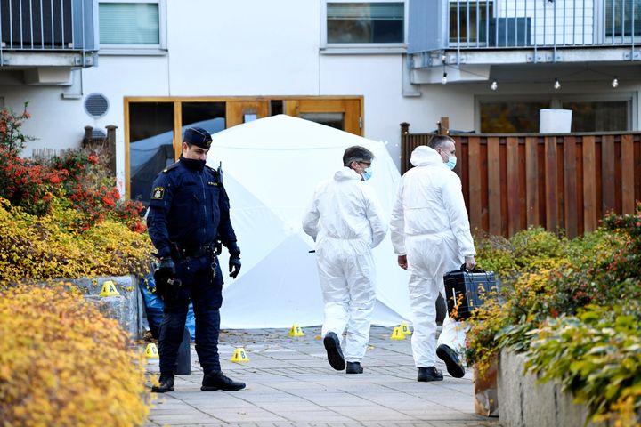 Forensic police work on the site where Swedish rapper Einar was shot to death, in Hammarby Sjostad district in Stockholm on Oct. 22.