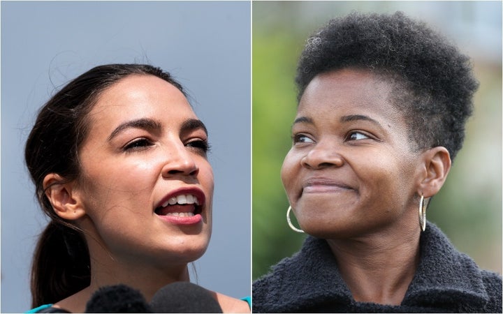 Rep. Alexandria Ocasio-Cortez (D-N.Y.), left, traveled to Buffalo, New York, to speak in support of India Walton, the Democratic nominee for mayor.