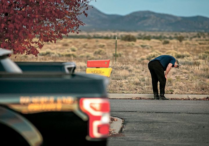 A distraught Alec Baldwin in the parking lot outside the Santa Fe County Sheriff's Office after questioning.