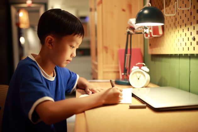 Smiling student boy writing to notebook at home
