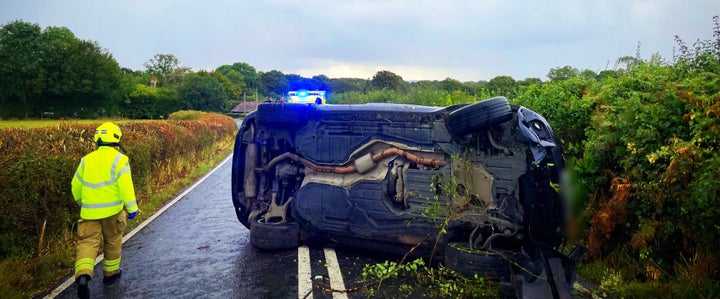 Picture showing the aftermath of the single-vehicle collision on the B2135 near Partridge Green