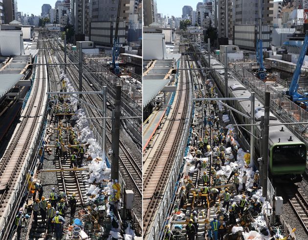 渋谷駅のホーム拡張工事にともない、線路切り替えのため移動工事が行われている山手線内回りの線路（写真左）。写真右は移動を終えた線路と運行されている外回りの電車＝10月23日午前、東京都渋谷区
