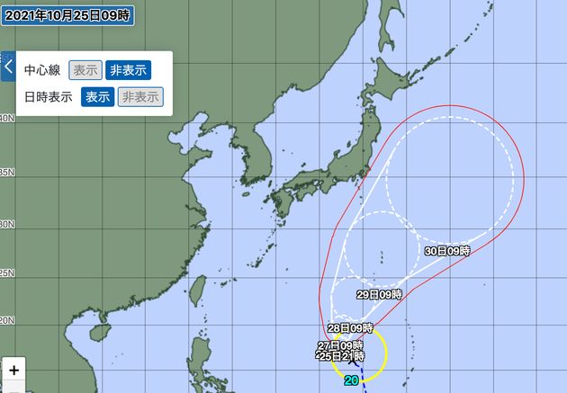 台風20号の予想進路と予報円