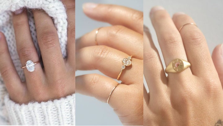 Left to right: CircleAtelierLondon oval engagement ring from Etsy, Jennie Kwon diamond oval round ring from Catbird, Cece Jewelry The Rose & Diamond Ring from Catbird