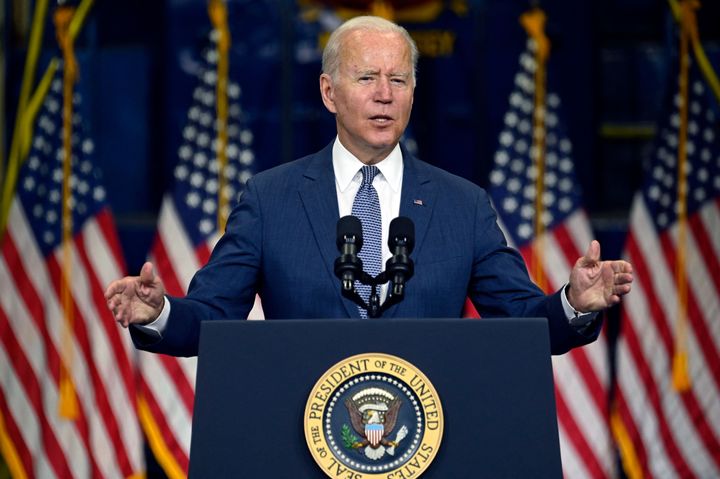 President Joe Biden speaks at the NJ Transit Meadowlands Maintenance Complex during an event to promote his Build Back Better agenda in Kearny, New Jersey on October 25, 2021. (Photo by ANDREW CABALLERO-REYNOLDS/AFP via Getty Images)