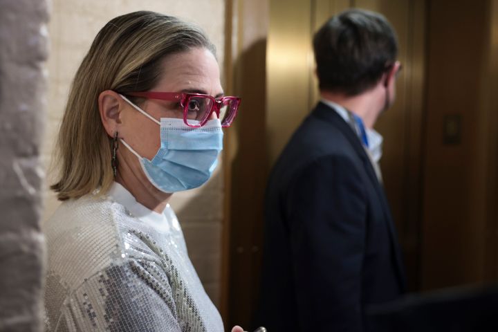 Sen. Kyrsten Sinema (D-AZ) leaves her office after meeting with Sen. Joe Manchin (D-WV) in the U.S. Capitol Building on October 21, 2021 in Washington, DC. (Photo by Anna Moneymaker/Getty Images)