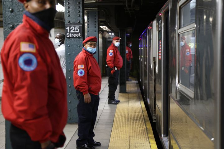 Members of the Guardian Angels participate in a safety patrol at a subway stop in New York City in June. The citizen law enforcement group stepped up its patrol due to the rising number of hate crimes against Asian communities amid the COVID-19 pandemic.