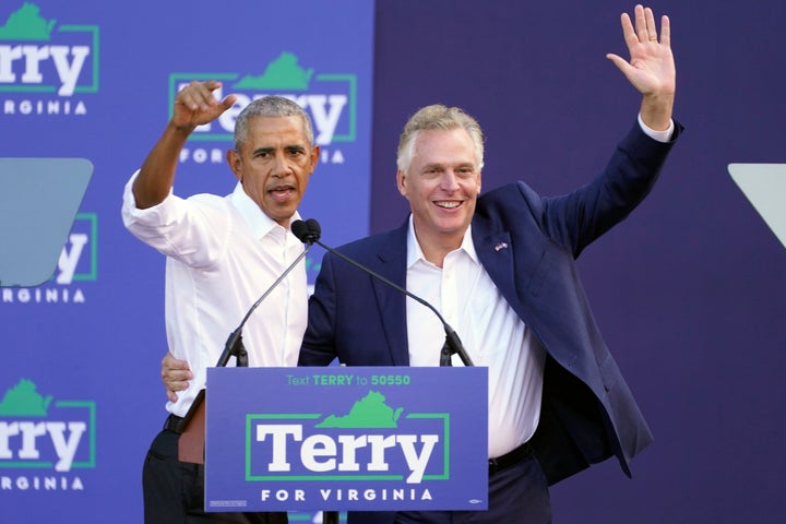 Former President Barack Obama touted Virginia Democrats' expansion of voting rights in the state while campaigning for former Gov. Terry McAuliffe, who is seeking to return to the office he held from 2014 to 2018.