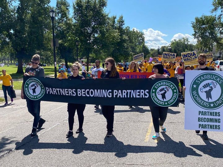 Members of the Starbucks Workers United union marched with India Walton and her supporters at Buffalo's Labor Day parade. The union has endorsed Walton.