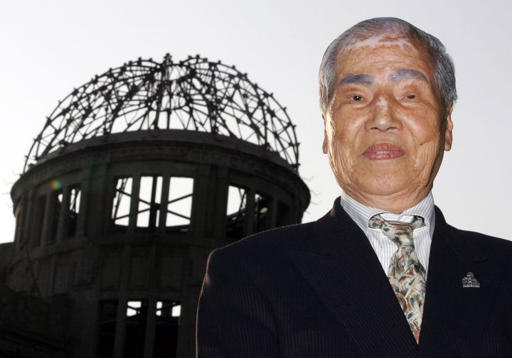 Atomic bomb survivor Sunao Tsuboi stands in front of the Atomic Dome in the Hiroshima Peace Memorial Park in this 2005 file photo.