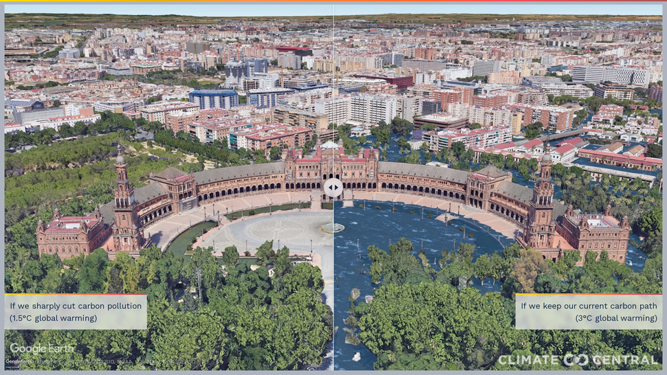 Proyección de la subida del nivel del mar en la Plaza de España de Sevilla si no se hace nada contra el calentamiento global.