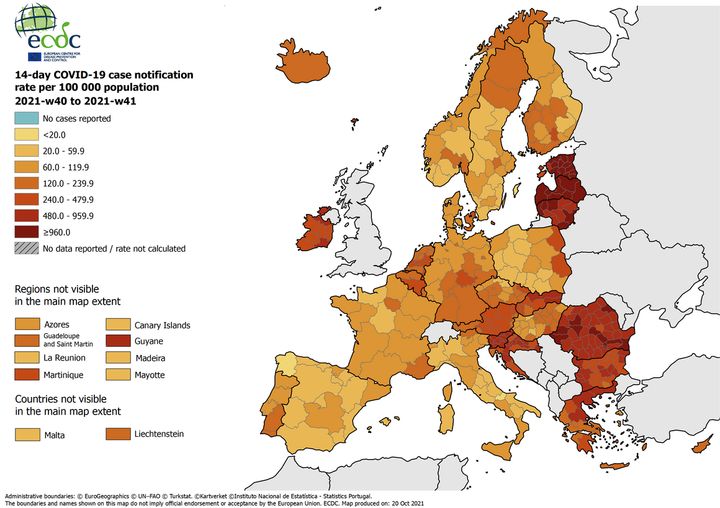 Incidencia acumulada a 14 días en las regiones de la UE, con datos del 20 de octubre.