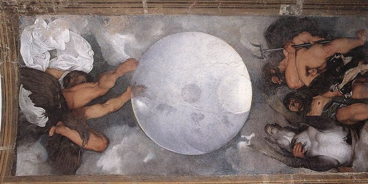 Η τοιχογραφία σε θόλο του Καραβάτζιο απεικονίζει τον Δία, τον Ποσειδώνα και τον Πλούτωνα, καθώς συγκεντρώνονται γύρω από μια ημιδιαφανή υδρόγειο.