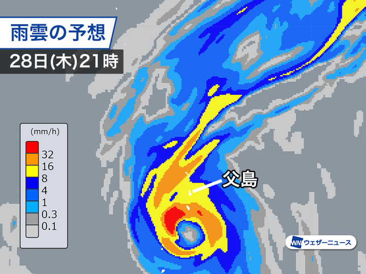 28日(木)夜の雨雲の予想