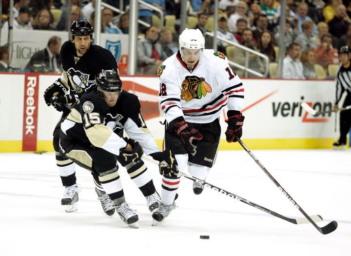 Kyle Beach playing for the Blackhawks in a preseason game against the Pittsburgh Penguins in 2010.