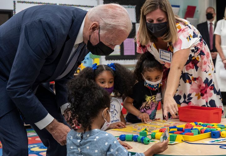 President Joe Biden talks to students during a visit to a pre-K classroom at East End Elementary School in North Plainfield, New Jersey, to promote his Build Back Better agenda on Oct. 25, 2021.
