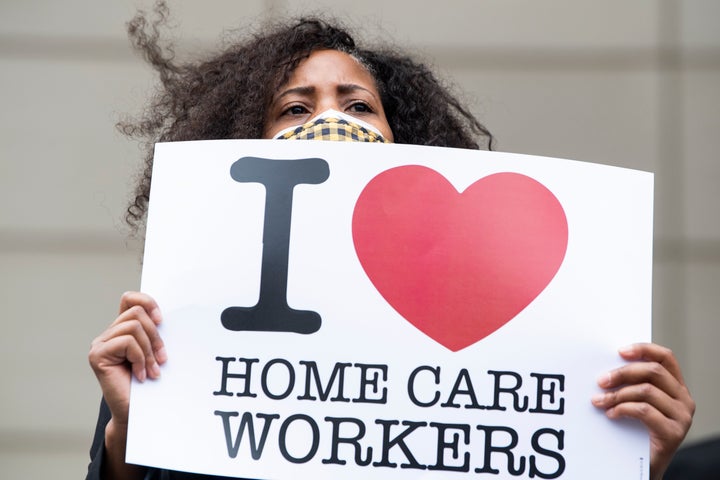 An activist is seen during the Care Cant Wait rally with the Service Employees International Union at the Lehigh County Courthouse in Allentown, Pennsylvania.