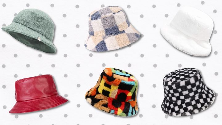 Bucket hats for the winter come in different colors, prints and textures.