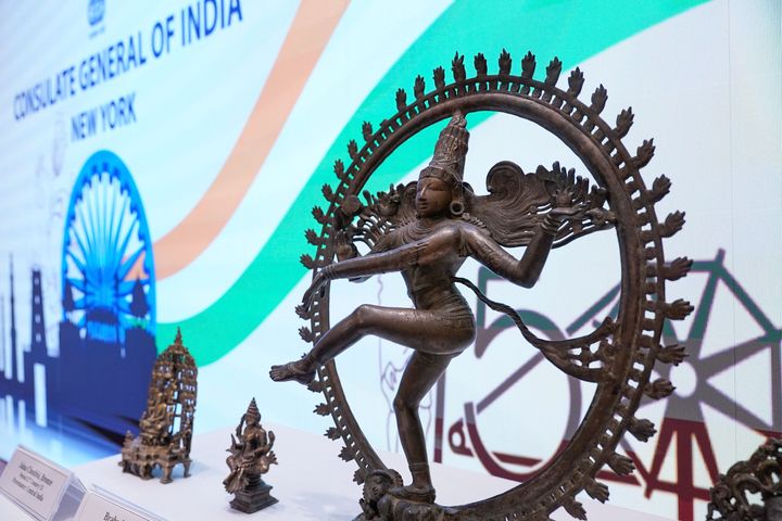 Some of the stolen objects being returned to India, including this bronze Shiva Nataraja valued at $4 million, are displayed during a ceremony at the Indian consulate in New York on Oct. 28.