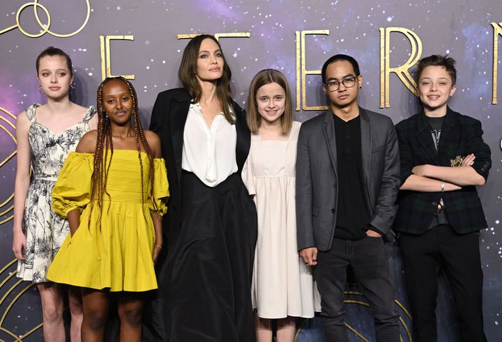 From left: Shiloh Jolie-Pitt, Zahara Jolie-Pitt, Angelina Jolie, Vivienne Jolie-Pitt, Maddox Jolie-Pitt and Knox Jolie-Pitt at the London premiere of "Eternals."