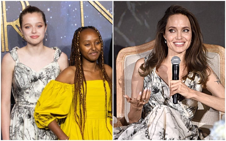 Left: Shiloh and Zahara at the "Eternals" premiere in London. Right: Jolie in 2019.
