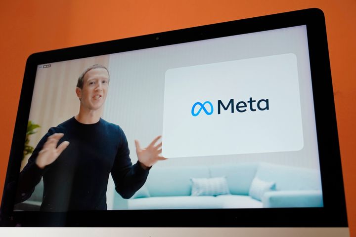 Seen on the screen of a device in Sausalito, Calif., Facebook CEO Mark Zuckerberg announces their new name, Meta, during a virtual event on Oct. 28, 2021. 