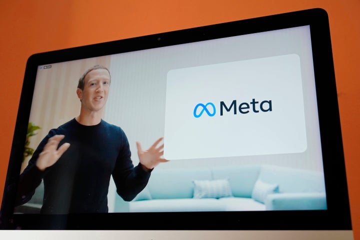 Seen on the screen of a device in Sausalito, Calif., Facebook CEO Mark Zuckerberg announces their new name, Meta, during a virtual event on Oct. 28, 2021.