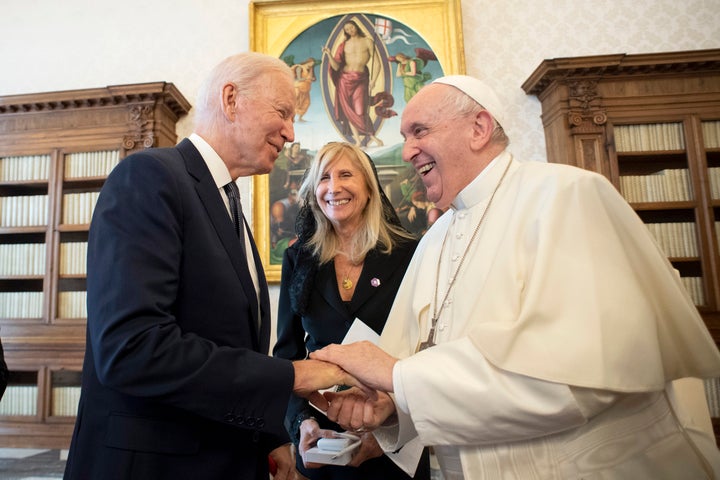 Pope Francis meets with U.S. President Joe Biden during an audience at the Apostolic Palace on Oct. 29, 2021, in Vatican City.