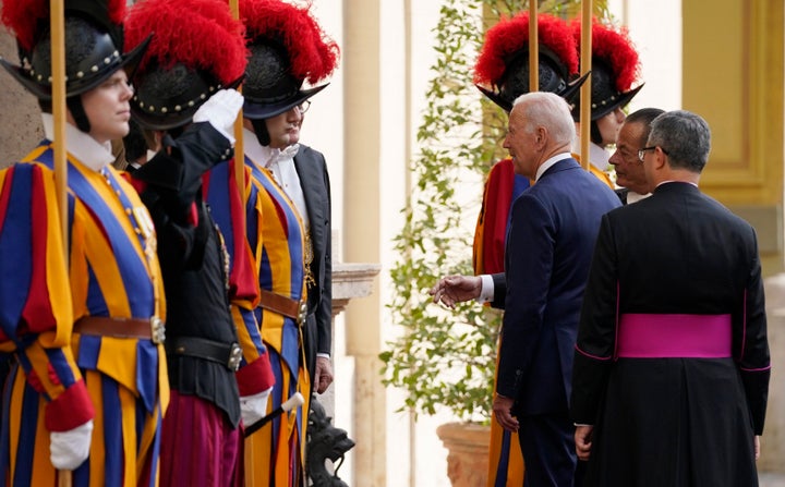 President Joe Biden, third right, prepares to leave after a meeting with Pope Francis at the Vatican, on Oct. 29, 2021.