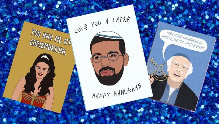 From left to right: Summer Roberts from "The OC" Chrismukkah Card, "I Love You A Latke" Drake card, Larry David Hanukkah card, all from Etsy.