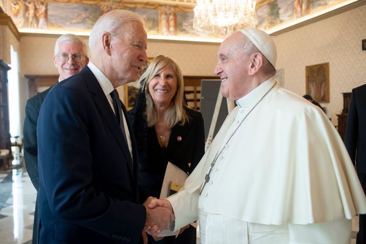 Pope Francis meets with U.S. President Joe Biden during an audience at the Apostolic Palace on October 29, 2021 in Vatican City, Vatican.