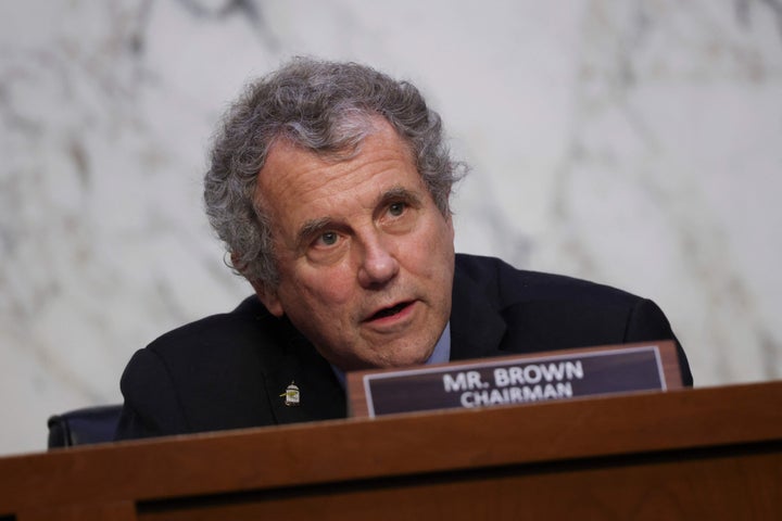 Sen. Sherrod Brown (D-Ohio) questions Treasury Secretary Janet Yellen and Federal Reserve Chairman Jerome Powell at a hearing on the results of the CARES Act coronavirus relief package on Sept. 28, 2021.