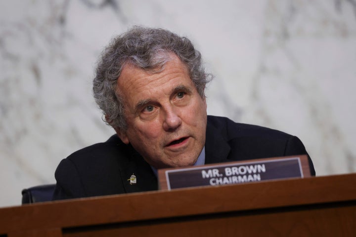 Sen. Sherrod Brown (D-Ohio) questions Treasury Secretary Janet Yellen and Federal Reserve Chairman Jerome Powell at a hearing on the results of the CARES Act coronavirus relief package on Sept. 28, 2021.