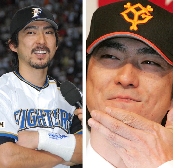 （左）:2006年北海道日本ハムでプレーしていた際の小笠原道大選手、（右）:2006年のシーズン終了後、11月に巨人に移籍し、会見を行った際には髭を剃った小笠原道大選手（どちらも当時）