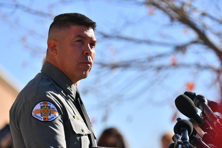 Santa Fe County Sheriff Adan Mendoza speaks during a press conference on Oct. 27. That day, he shared that a bullet <a href="https://www.huffpost.com/entry/rust-movie-shooting-ammunition-recovered_n_61795371e4b066de4f6a44e8?we" target="_blank" role="link" class=" js-entry-link cet-internal-link" data-vars-item-name="had been removed" data-vars-item-type="text" data-vars-unit-name="617d99fce4b0931432193604" data-vars-unit-type="buzz_body" data-vars-target-content-id="https://www.huffpost.com/entry/rust-movie-shooting-ammunition-recovered_n_61795371e4b066de4f6a44e8?we" data-vars-target-content-type="buzz" data-vars-type="web_internal_link" data-vars-subunit-name="article_body" data-vars-subunit-type="component" data-vars-position-in-subunit="1">had been removed</a> from director Joel Souza's shoulder and sent away for testing.