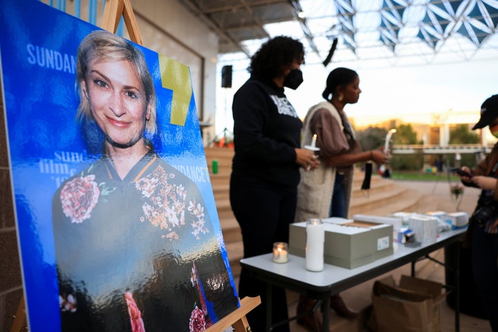 An image of cinematographer Halyna Hutchins is displayed at a vigil in her honor in Albuquerque, New Mexico, on Oct. 23.