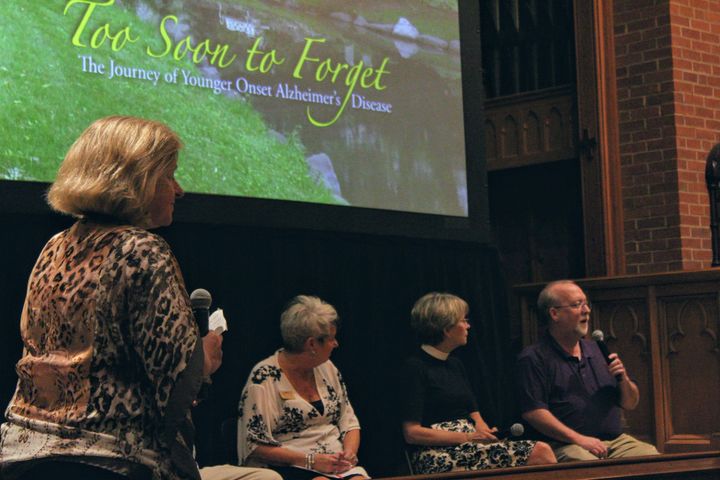 The author as a panelist at a showing of “Too Soon To Forget,” a film about those living with early onset dementia.