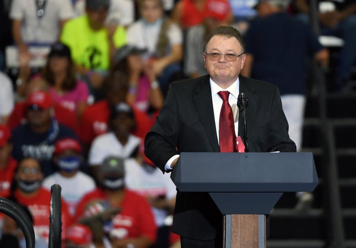 Businessman Don Ahern, a Donald Trump ally, speaks at a 2020 rally in Henderson, Nevada. Ahern has urged Trump to reconsider his pick for Senate in the battleground state.