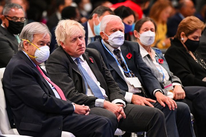 United Nations secretary general Antonio Guterres, Boris Johnson and David Attenborough listen to a speaker during the opening ceremony of Cop26.